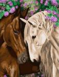 Две лошади среди фиолетовых роз