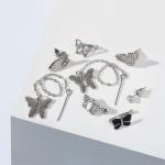 Набор серьги и каффа «Настроение», бабочки, цвет чёрно-белый в серебре
