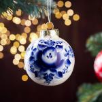 Ёлочная игрушка "Шар Новогодний", кобальтовая роспись, 6х6х5 см
