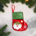 Носок для подарков "Дед Мороз блеск, снежинка" 13х16 см, красно-зелёный