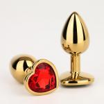 Анальная пробка, золотая, с красным кристаллом в форме сердца, D = 28 мм