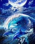 Дельфины на волне под полной луной