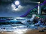 Полная луна и маяк у моря
