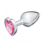 Анальная пробка, серебряная, с розовым кристаллом в форме сердца, D = 28 мм
