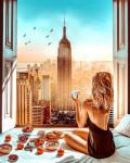 Завтрак девушки с видом на большой Нью-Йорк
