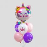 Букет из шаров «С днём рождения», котик-единорог, фольга, латекс, набор 6 шт., цвета МИКС