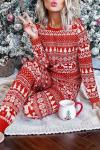 Бело-красный костюм с рождественским принтом из двух предметов: лонгслив + джоггеры