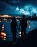 Влюбленные на фоне ночного озера с фонариками