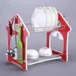 Сушилка для посуды "Домашняя" 39х30,5см h35см 2-х ярусная, настольная, с поддоном, с навесной подставкой для кухонных принадлежностей, хром/МДФ, цвет - красный, цветная коробка (Китай)