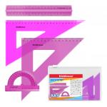 Набор геометрический большой пластиковый ErichKrause® Neon, (линейка с держателем, 2 угольника, транспортир), розовый, в zip-пакете