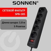 Сетевой фильтр SONNEN SPB-185, 5 розеток с заземлением, выключатель, 10 А, 1,8 м, черный, 513656